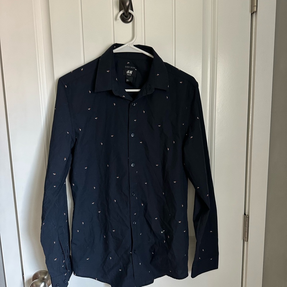 H&M Men’s Easy Iron Shirt Slim Fit Navy Blue Small Mini Geometric Print L/S